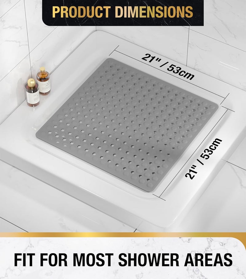 HITSLAM Shower Mat Anti Slip, Square Bath Mat for Tub Non Slip with Suction Cups and Drain Holes, 21x21 Inch Bathroom Shower Stall Floor Mat, Machine Washable, Soft on Feet, Grey - Image 2